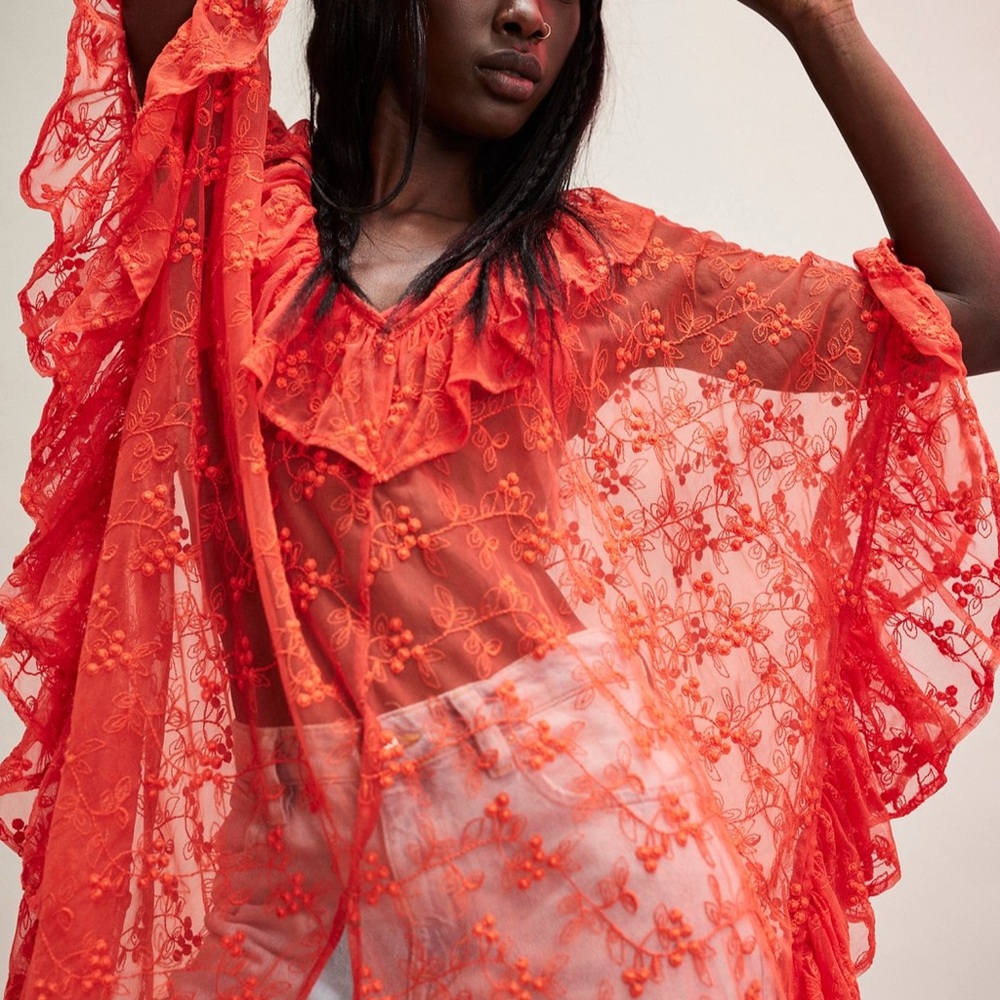 Free People Romantic Sheer Bloom Kaftan in Red NWOT OS